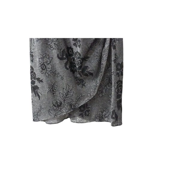 Vintage Lurex Dress Form Fitting Ruched at Hip Silver Black Size 5 Flower Print - Picture 5 of 11